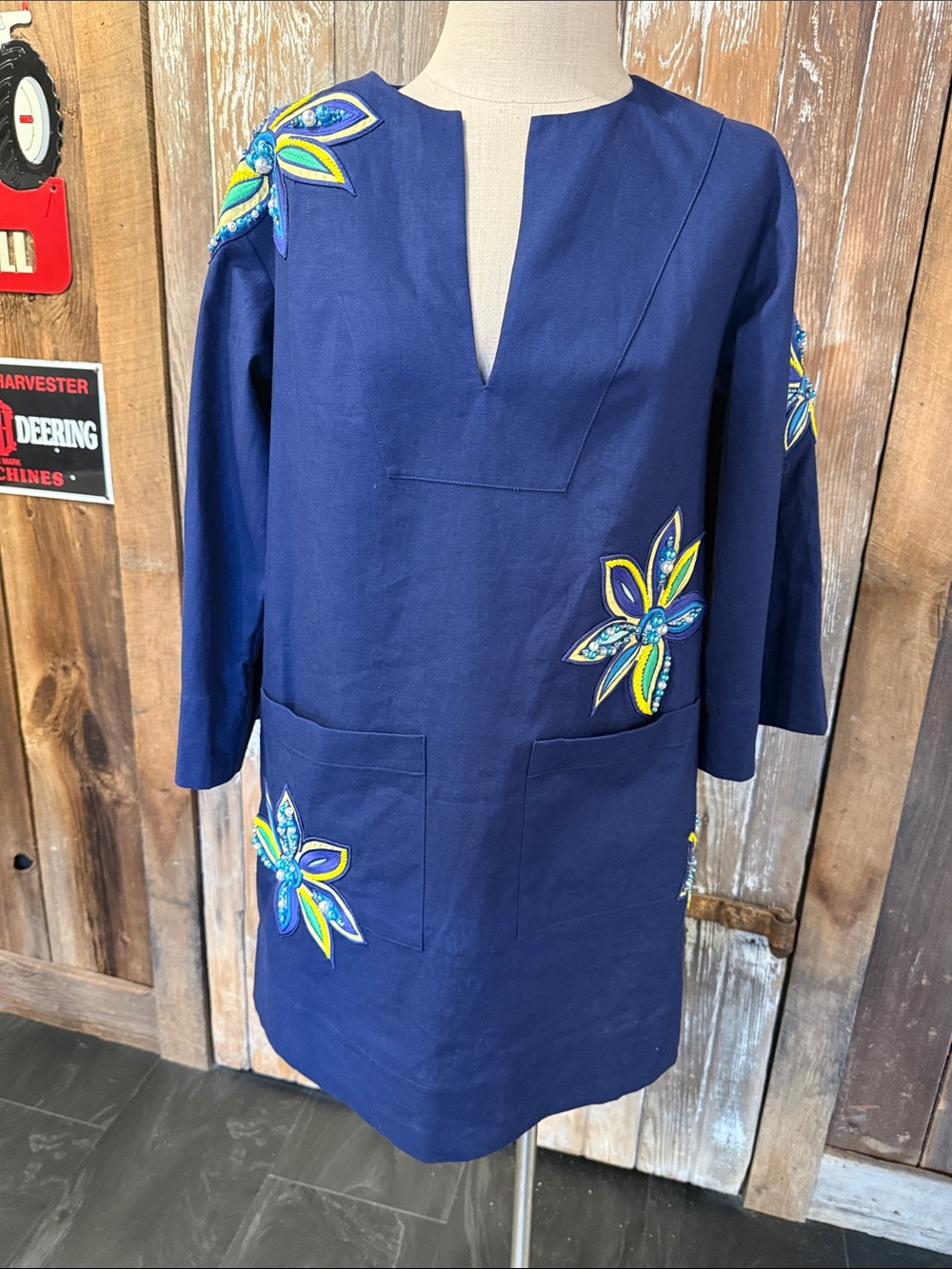 KATE SPADE NEW YORK NWT Medium Beaded Floral Embroidered Linen Tunic Navy Dress